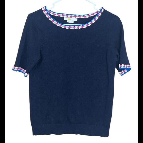 Boden Navy Short Sleeve Sweater Size 6 Blue Crocheted Neck 100%‎ Cotton - Picture 1 of 4